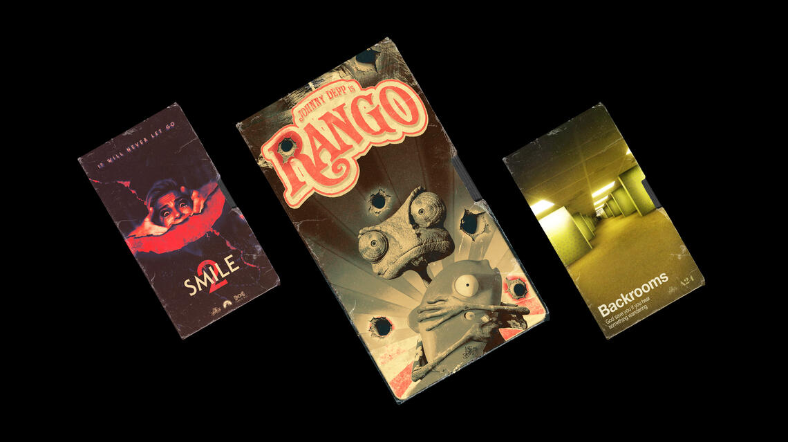 VHS Collection, Tape Design; Movies include Smile 2 (2024), Rango (2011) & Backrooms (2026)